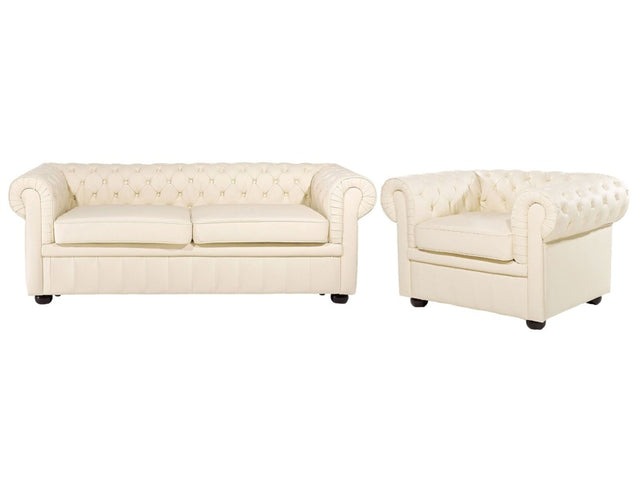 Chesterfield Living Room Set Cream Leather Upholstery Dark Wood Legs 3 Seater Sofa + Armchair Contemporary Beliani