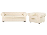 Chesterfield Living Room Set Light Beige Leather Upholstery Dark Wood Legs 3 Seater Sofa + Armchair Contemporary Beliani