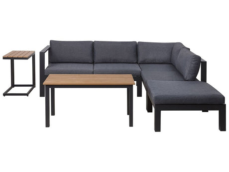 Garden Corner Sofa Set Black Aluminium Frame with Grey Cushions 5 Seater Coffee Table and Side Table Beliani