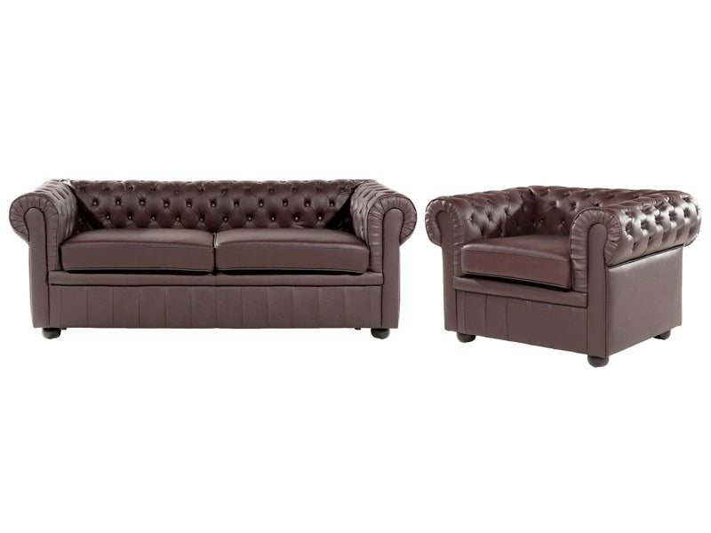 Chesterfield Living Room Set Brown Leather Upholstery Dark Wood Legs 3 Seater Sofa + Armchair Contemporary Beliani