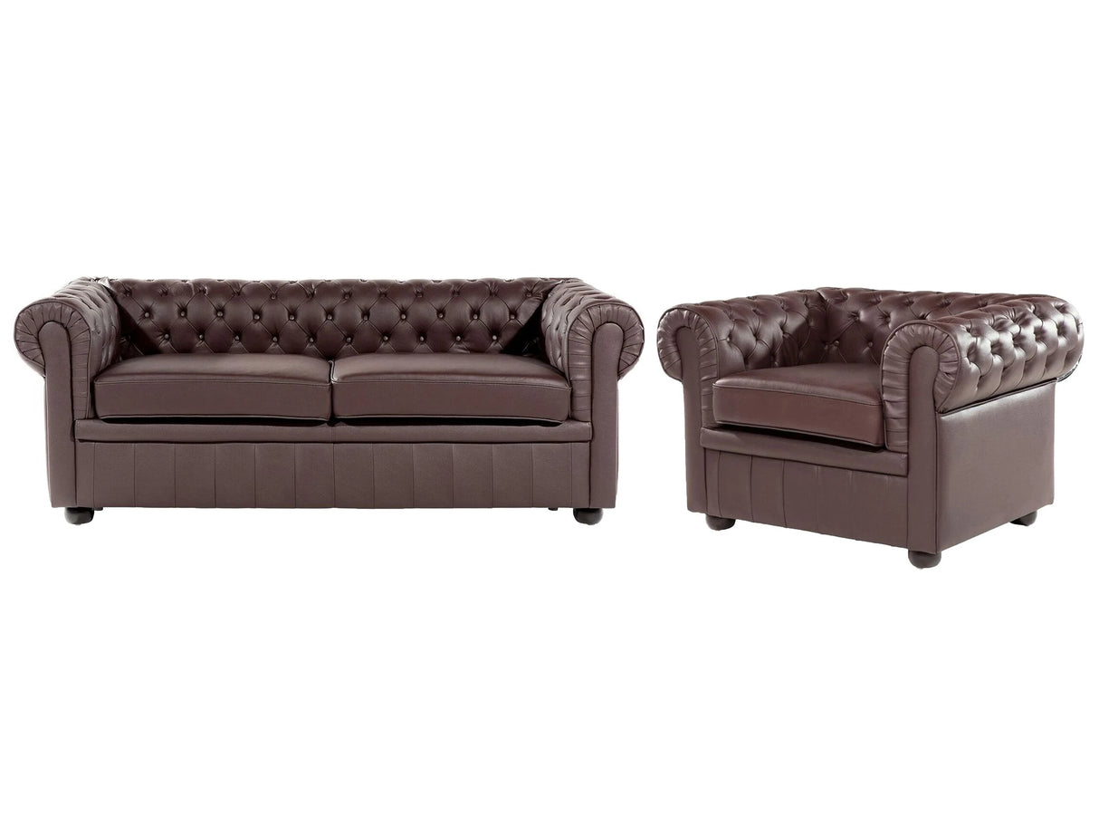 Chesterfield Living Room Set Brown Leather Upholstery Dark Wood Legs 3 Seater Sofa + Armchair Contemporary Beliani