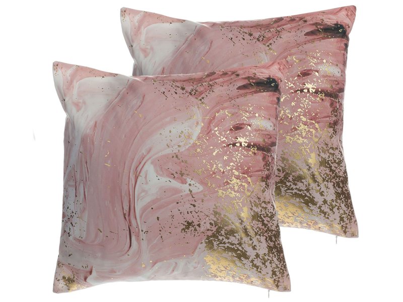 Set of 2 Decorative Cushions Pink Polyester Abstract Pattern 45 x 45 cm Paint Print Gold Foil Decor Accessories Beliani