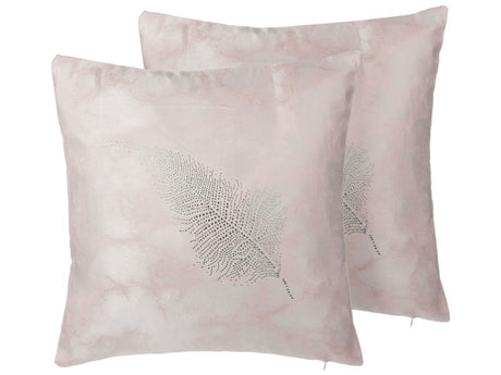 Set of 2 Decorative Cushions Pink Feather Applique 45 x 45 cm Delicate Motif Glam Decor Accessories Beliani