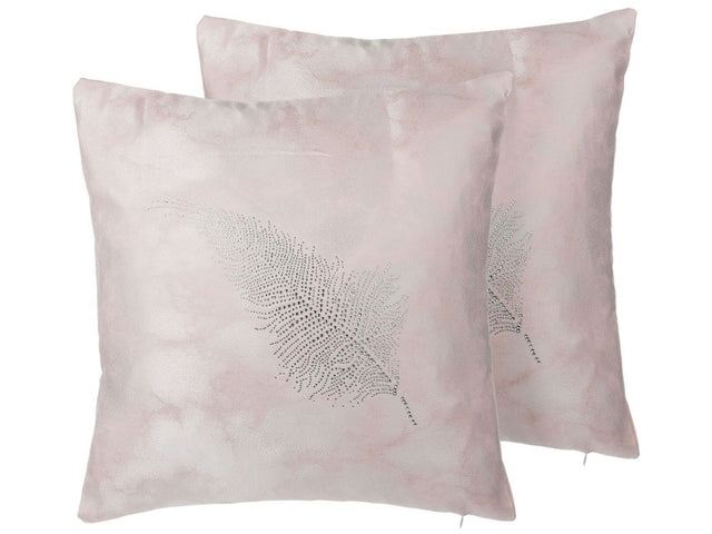 Set of 2 Decorative Cushions Pink Feather Applique 45 x 45 cm Delicate Motif Glam Decor Accessories Beliani