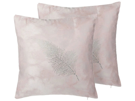 Set of 2 Decorative Cushions Pink Feather Applique 45 x 45 cm Delicate Motif Glam Decor Accessories Beliani