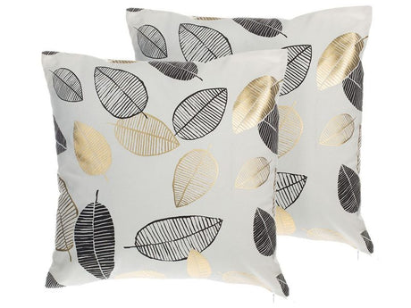 Set of 2 Decorative Cushions Gold and Black Cotton Leaf Pattern 45 x 45 cm Foil Print Decor Beliani