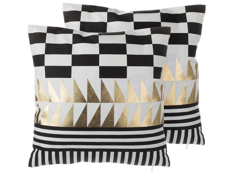 Set of 2 Decorative Cushions Black and White Cotton Geometric Pattern 45 x 45 cm Glamour Beliani