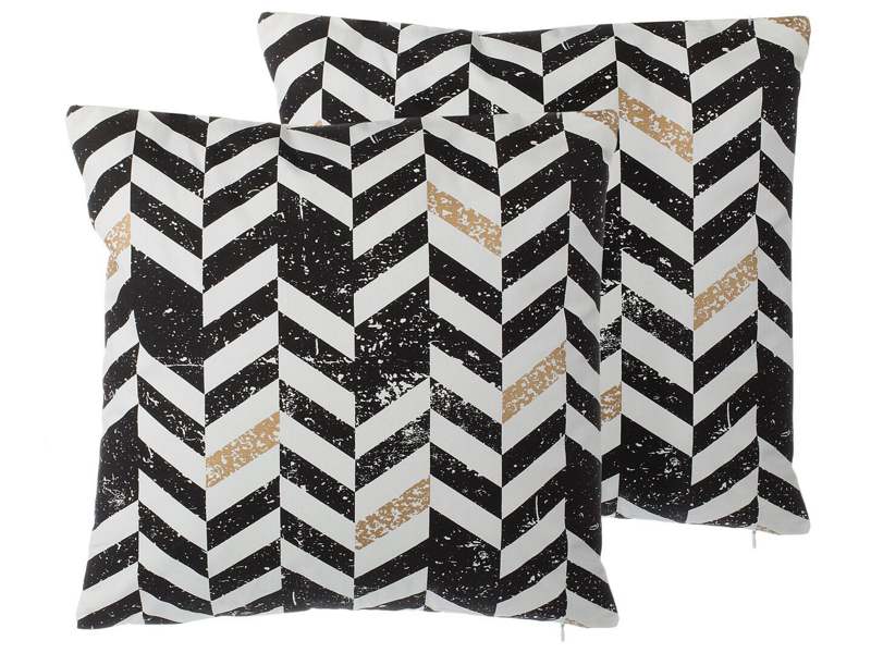 Set of 2 Decorative Cushions Black and White Cotton Chevron Pattern 45 x 45 cm Geometric Print Glamour Beliani