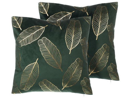 Set of 2 Decorative Cushions Green Velvet Leaf Pattern 45 x 45 cm Gold Foil Print Decor Accessories Beliani