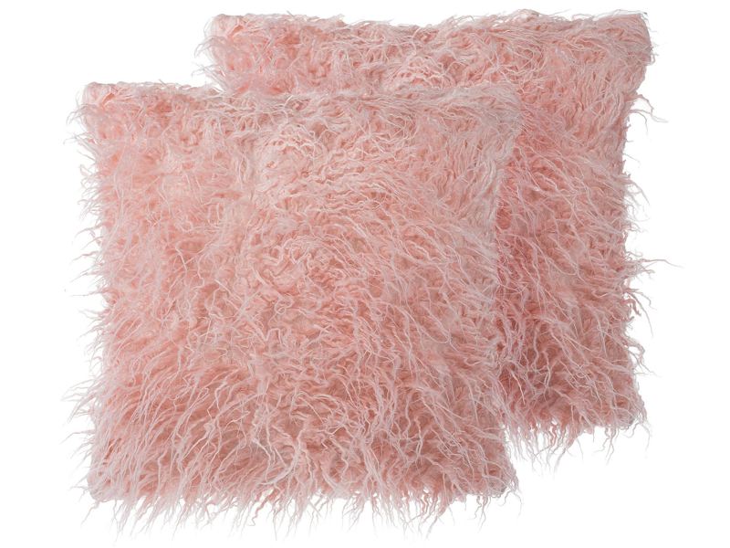 Set of 2 Decorative Cushions Pink Faux Fur Shaggy 45 x 45 cm Beliani