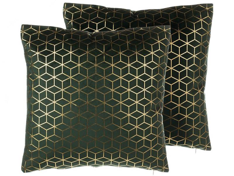 Decorative Cushion Green Velvet Cube Pattern 45 x 45 cm Geometric Foil Print Modern Glamour Decor Accessories Beliani