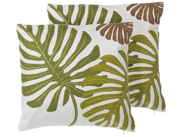 Set of 2 Decorative Cushions Green Cotton Leaf Pattern 45 x 45 cm Embroidered Tropical Motif Decor Accessories Beliani