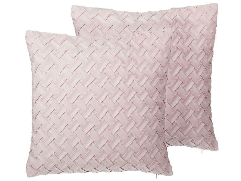 Set of 2 Decorative Cushions Pink Faux Suede Lattice Weave 45 x 45 cm Modern Glamour Decor Accessories Beliani