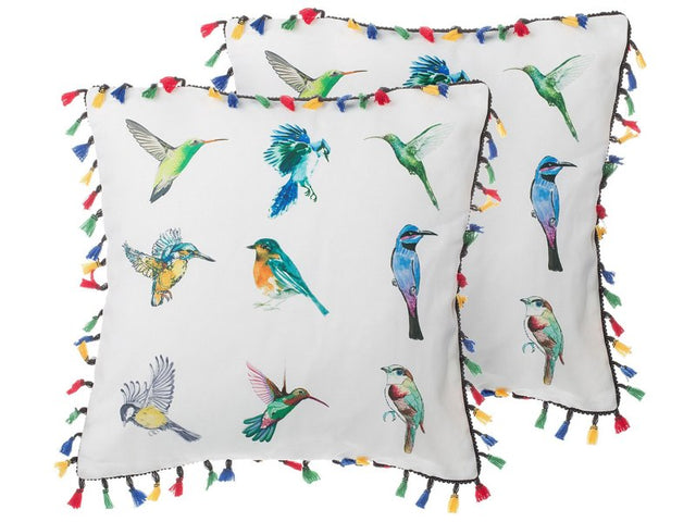 Set of 2 Decorative Cushions White Bird Print 45 x 45 cm with Multicolour Tassels Fringe Decor Accessories Beliani