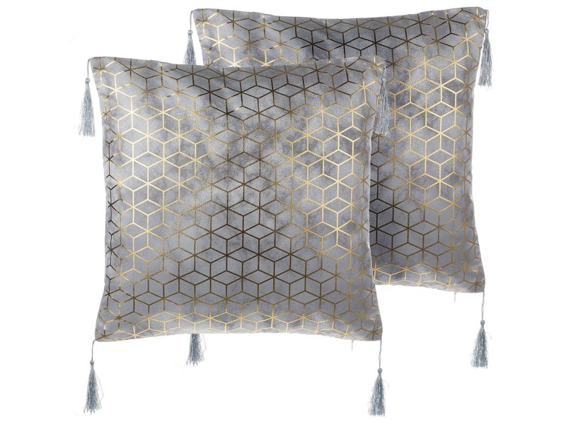 Set of 2 Decorative Cushions Silver Jacquard Cube Pattern 45 x 45 cm with Tassels Geometric Print Beliani