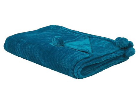 Blanket Blue Throw 150 x 200 with Pom Poms Soft Coverlet Beliani