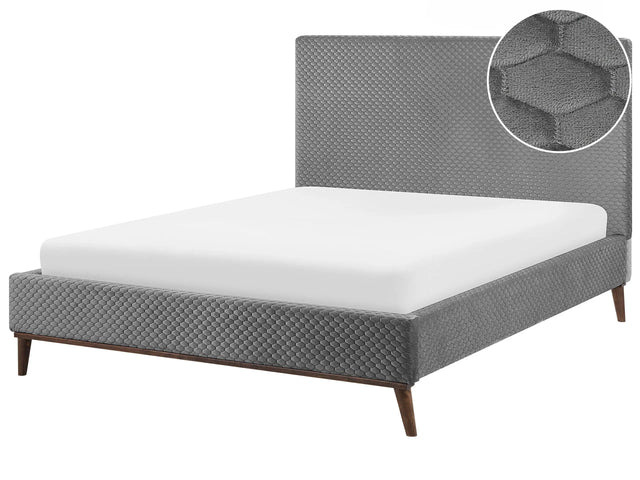 EU Double Size Bed Grey Fabric 4ft6 Upholstered Frame Honeycomb Quilted Beliani