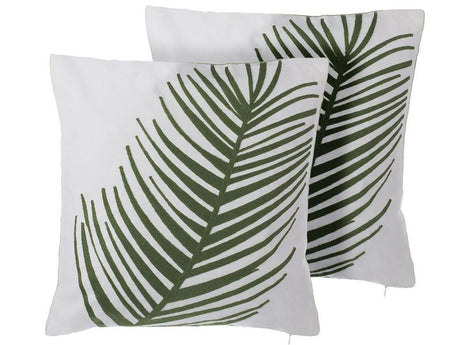 Set of 2 Decorative Cushions White with Green Cotton Palm Leaf Print 45 x 45 cm Floral Motif Modern Retro Decor Accessories Beliani