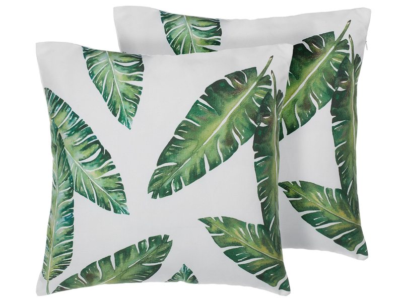 Set of 2 Decorative Cushions Green Leaf Pattern 45 x 45 cm Tropical Motif Print Decor Accessories Beliani