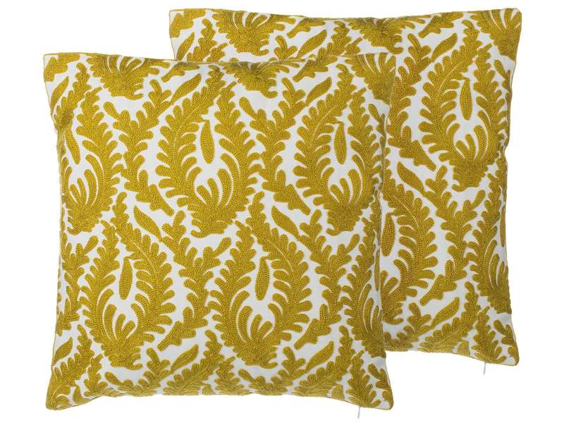 Set of 2 Decorative Cushions Khaki Cotton Embroidered Leaf Pattern 45 x 45 cm Floral Retro Decor Accessories Beliani