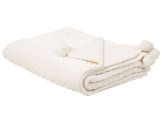 Blanket Cream Throw 200 x 220 with Pom Poms Popcorn Texture Soft Coverlet Beliani