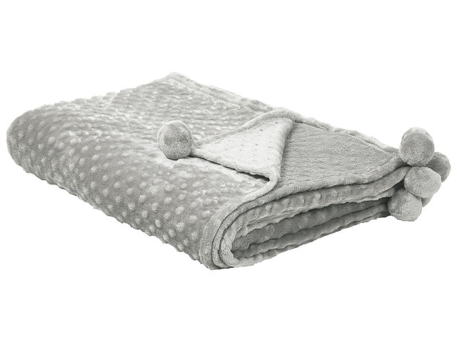 Blanket Light Grey Throw 200 x 220 with Pom Poms Popcorn Texture Soft Coverlet Beliani