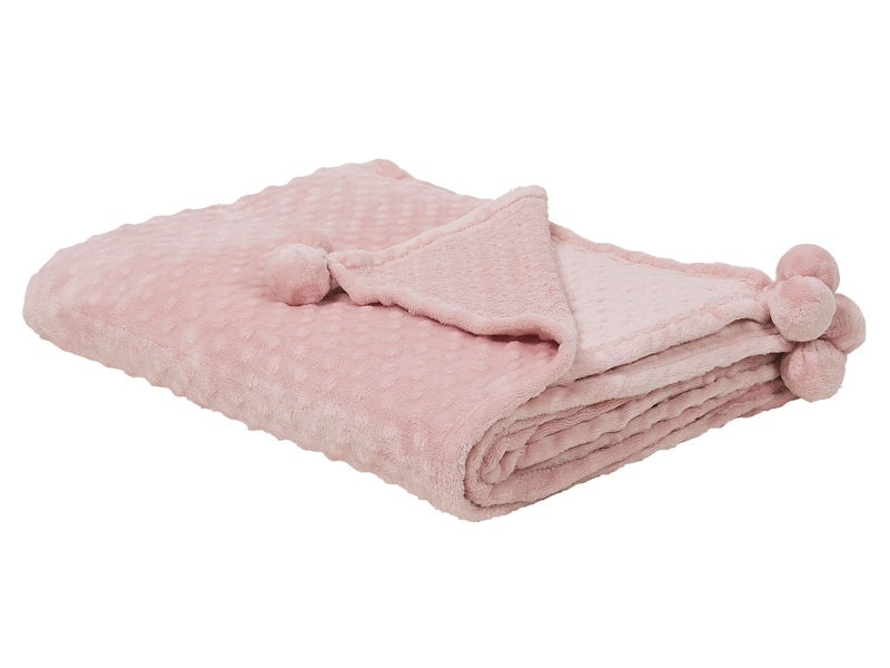 Blanket Pink Throw 150 x 200 with Pom Poms Popcorn Texture Soft Coverlet Beliani