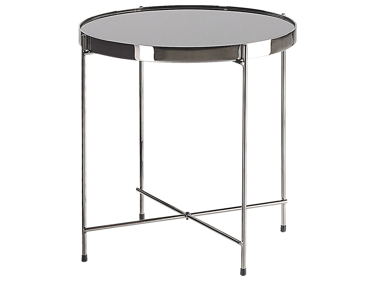 Side Table Black Tempered Glass  40 cm Top Silver Metal Legs Round Glam Shiny Beliani