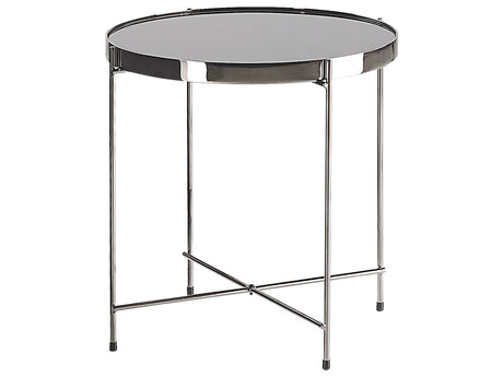 Side Table Black Tempered Glass  40 cm Top Silver Metal Legs Round Glam Shiny Beliani