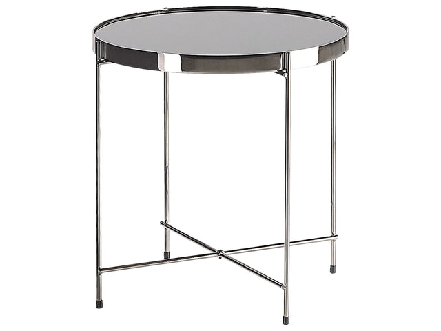 Side Table Black Tempered Glass  40 cm Top Silver Metal Legs Round Glam Shiny Beliani