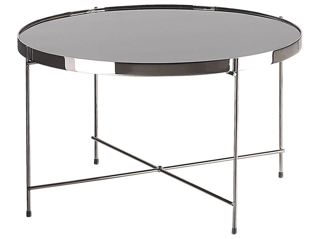 Coffee Table Black Tempered Glass Top Silver Metal Legs ø 63 cm Round Glam Shiny Beliani