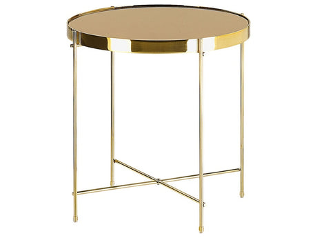 Side Table Golden Brown Tempered Glass Top Gold Metal ø 40 cm Legs Round Glam Shiny Beliani