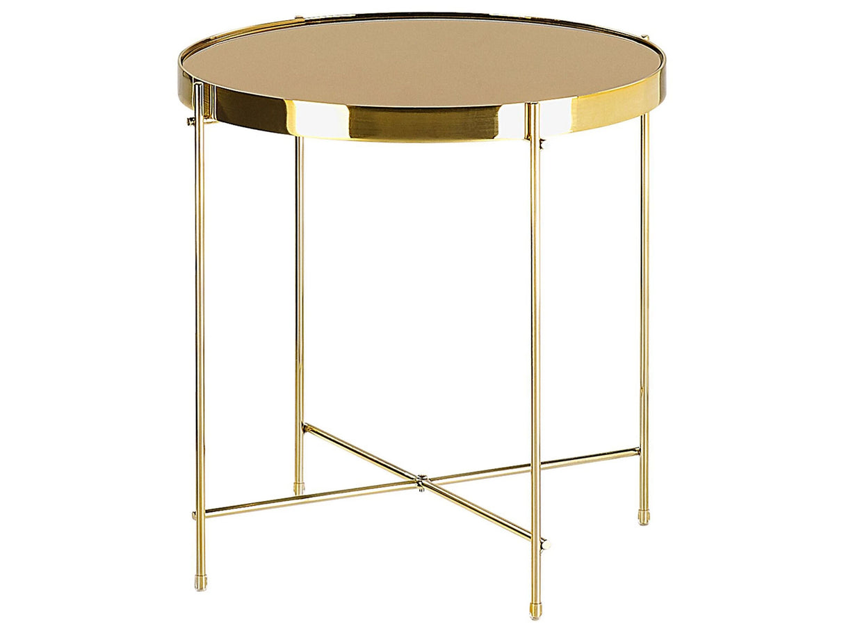 Side Table Golden Brown Tempered Glass Top Gold Metal  40 cm Legs Round Glam Shiny Beliani