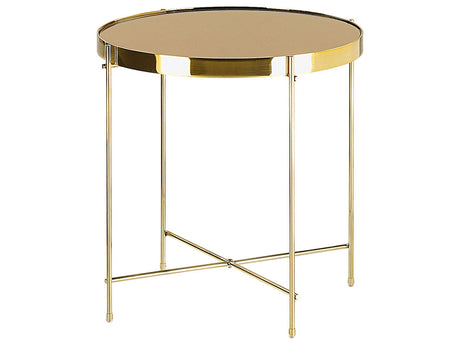 Side Table Golden Brown Tempered Glass Top Gold Metal  40 cm Legs Round Glam Shiny Beliani