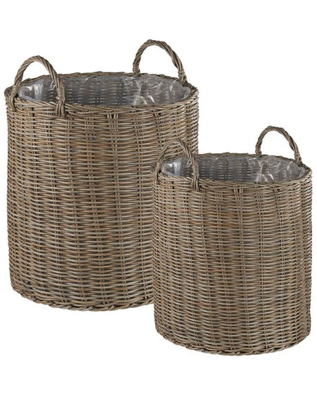 Set of 2 Plant Baskets Brown Rattan Round with Handles Synthetic Inlay Beliani