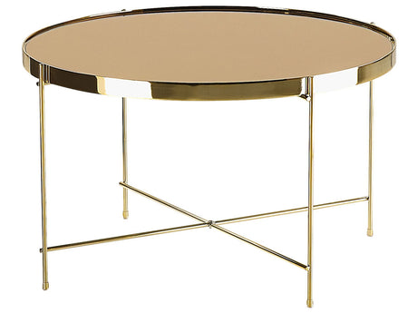Coffee Table Golden Brown Tempered Glass Top Gold Metal Legs  63 cm Round Glam Shiny Beliani