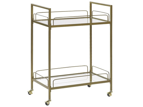 Kitchen Trolley Gold Metal Legs Tempered Glass Top with Shelf and Castors Glam Beliani