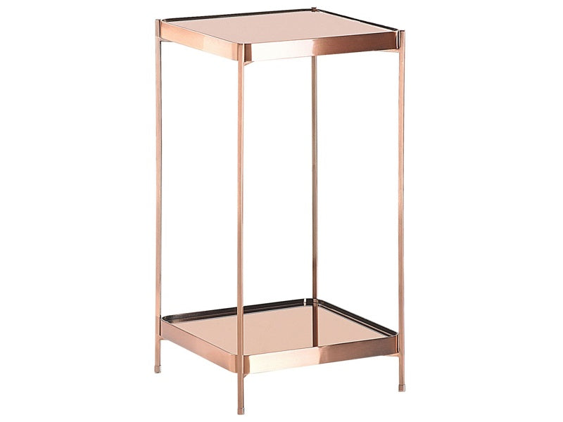 Side Table Copper Tempered Glass Top Metal Legs with Shelf Shiny 29 x 29 cm Glam Beliani