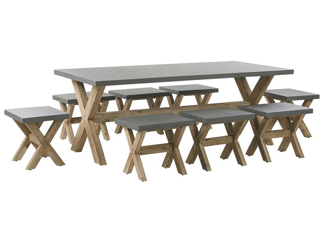 Outdoor Dining Set Grey Light Wood Fibre Cement For 8 People Table and Stools Modern Design Beliani