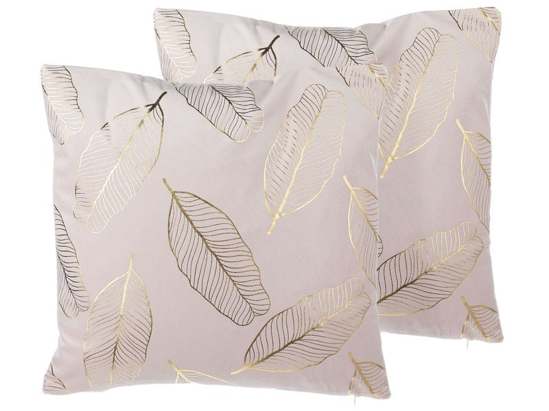 Set of 2 Decorative Cushions Pink Velvet Leaf Pattern 45 x 45 cm Gold Foil Print Decor Accessories Beliani