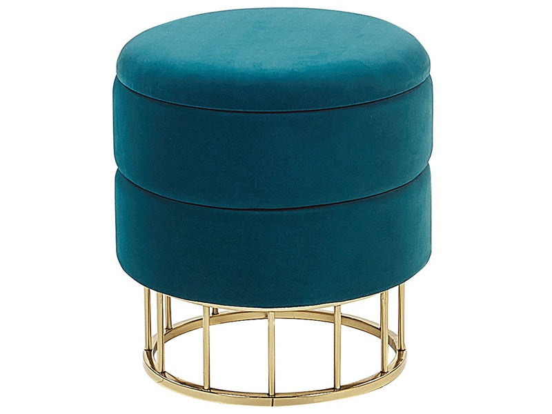 Storage Pouffe Teal Blue Polyester Velvet Upholstery Gold Base Glamorous Design Living Room Accessories Beliani