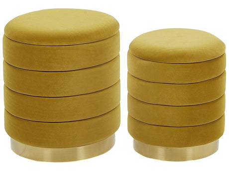 Set of 2 Storage Pouffes with Storage Yellow Polyester Velvet Upholstery Gold Stainless Steel Base Modern Design  Beliani