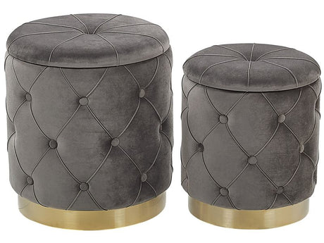 Set of Storage Pouffes Grey Polyester Velvet Button Tufted Upholstery Golden Base Retro Design Beliani