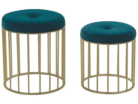 Set of 2 Nesting Pouffes Teal Blue Seat Polyester Velvet Upholstery Golden Iron Base Modern Design Beliani