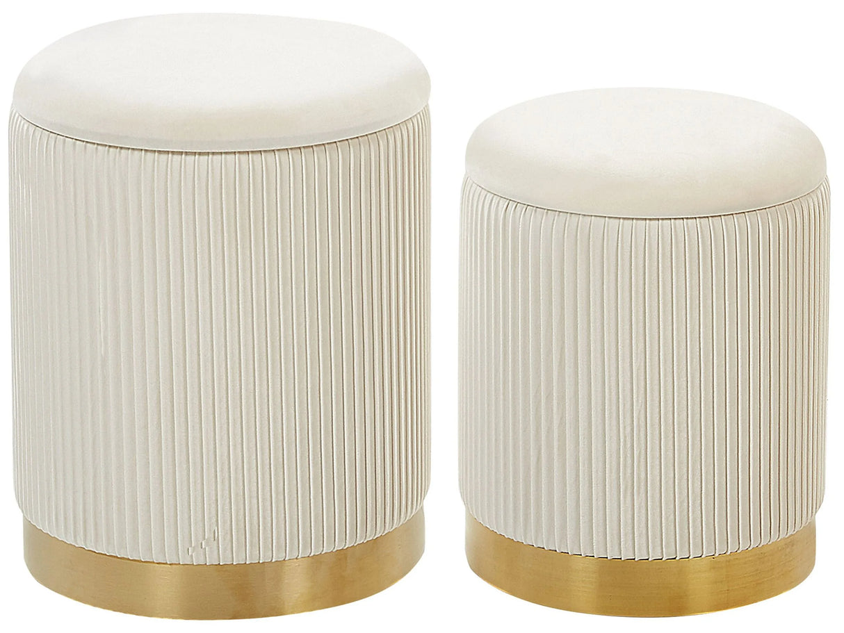 Set of 2 Storage Pouffes White Polyester Velvet Upholstery Gold Base Modern Design Horizontal Tuft Living Room Accent Piece Beliani