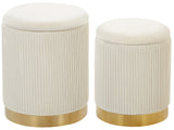 Set of 2 Storage Pouffes White Polyester Velvet Upholstery Gold Base Modern Design Horizontal Tuft Living Room Accent Piece Beliani