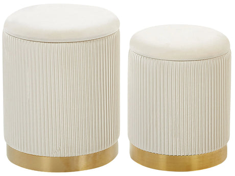 Set of 2 Storage Pouffes White Polyester Velvet Upholstery Gold Base Modern Design Horizontal Tuft Living Room Accent Piece Beliani