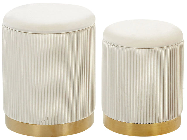 Set of 2 Storage Pouffes White Polyester Velvet Upholstery Gold Base Modern Design Horizontal Tuft Living Room Accent Piece Beliani