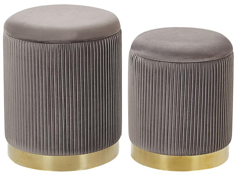 Set of 2 Storage Pouffes Grey Polyester Velvet Upholstery Gold Base Modern Design Horizontal Tuft Living Room Accent Piece Beliani