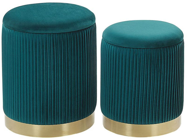 Set of 2 Storage Pouffes Teal Blue Polyester Velvet Upholstery Gold Base Modern Design Horizontal Tuft Living Room Accent Piece Beliani